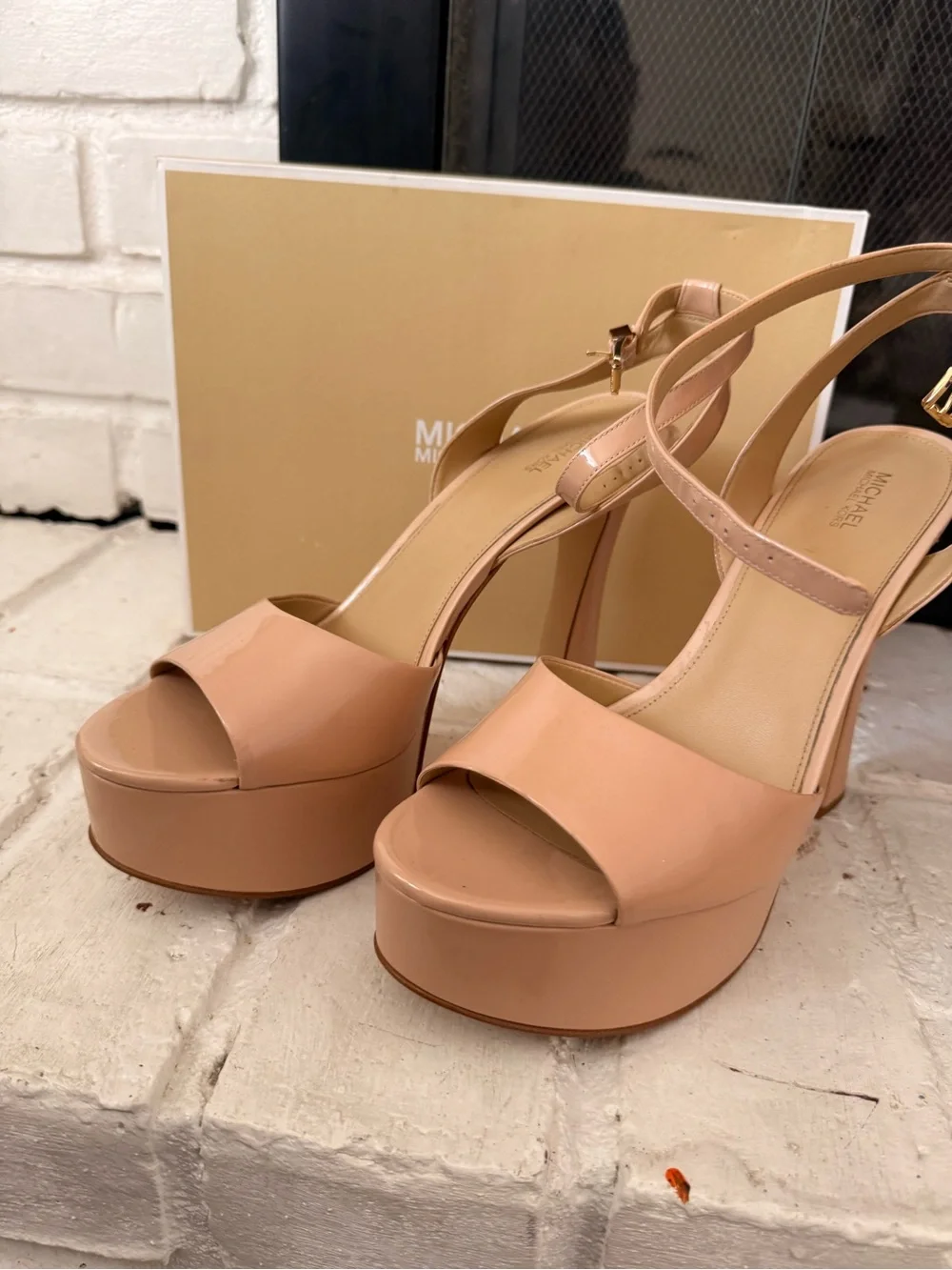 Michael Kors Blush Patent Platform Sandals with Ankle Strap